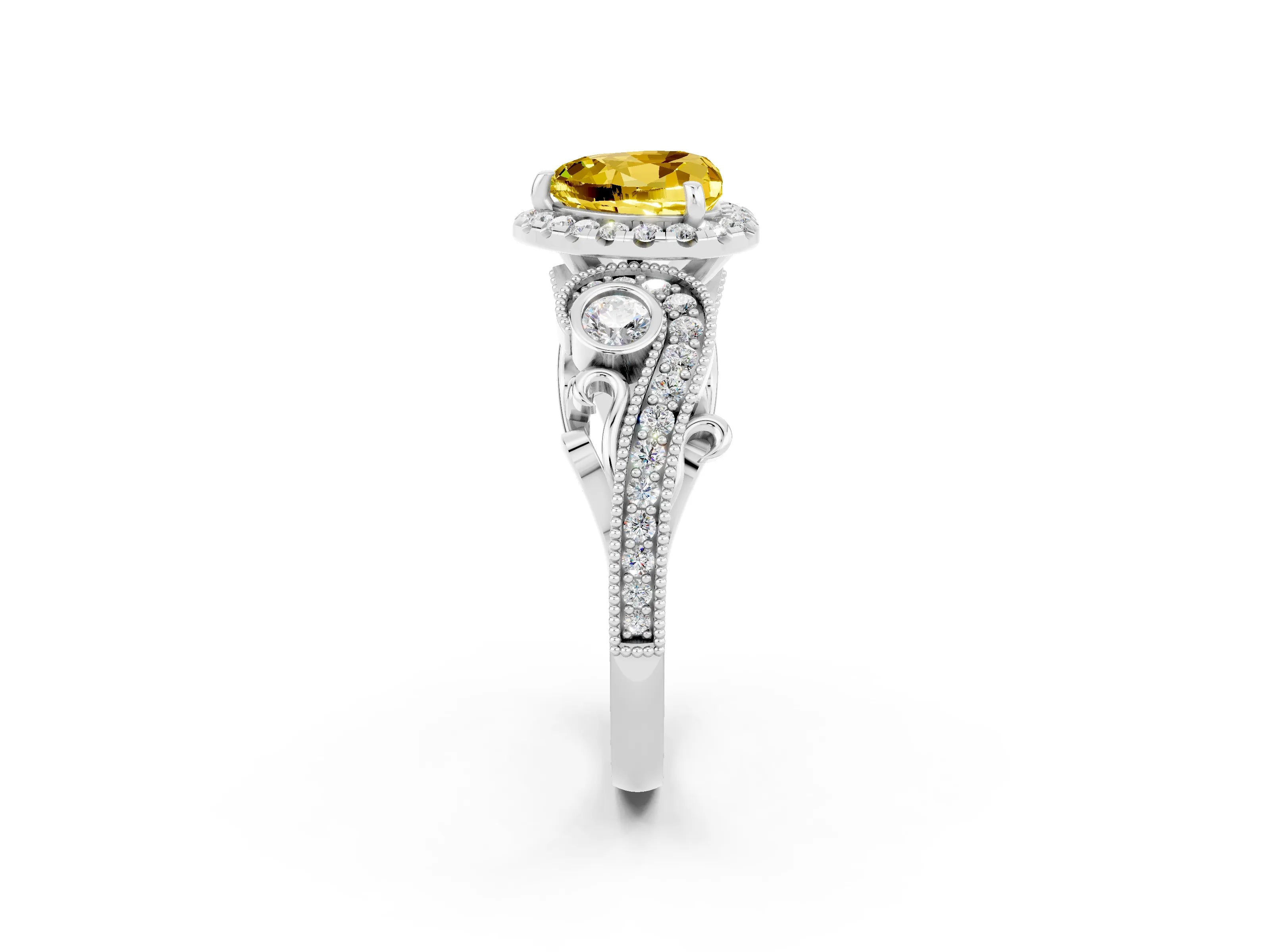 White gold Heart Cut Yellow Sapphire Halo Ring with Milgrain Pavé Band and Four-Prong Setting_14
