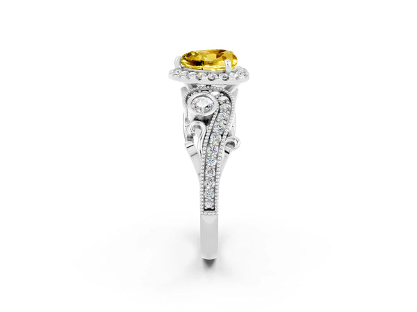 White gold Heart Cut Yellow Sapphire Halo Ring with Milgrain Pavé Band and Four-Prong Setting