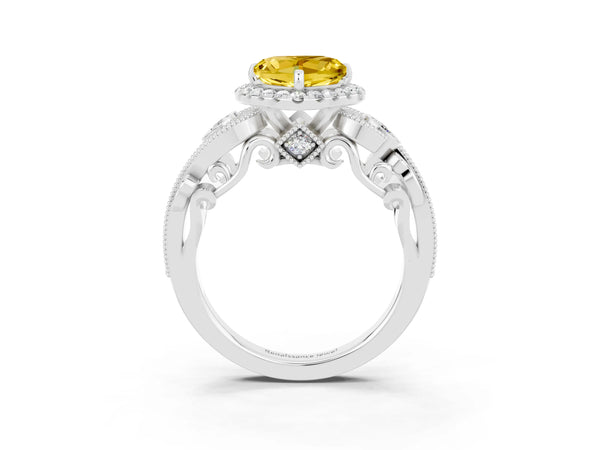 Platinum Heart Cut Yellow Sapphire Halo Ring with Milgrain Pavé Band and Four-Prong Setting