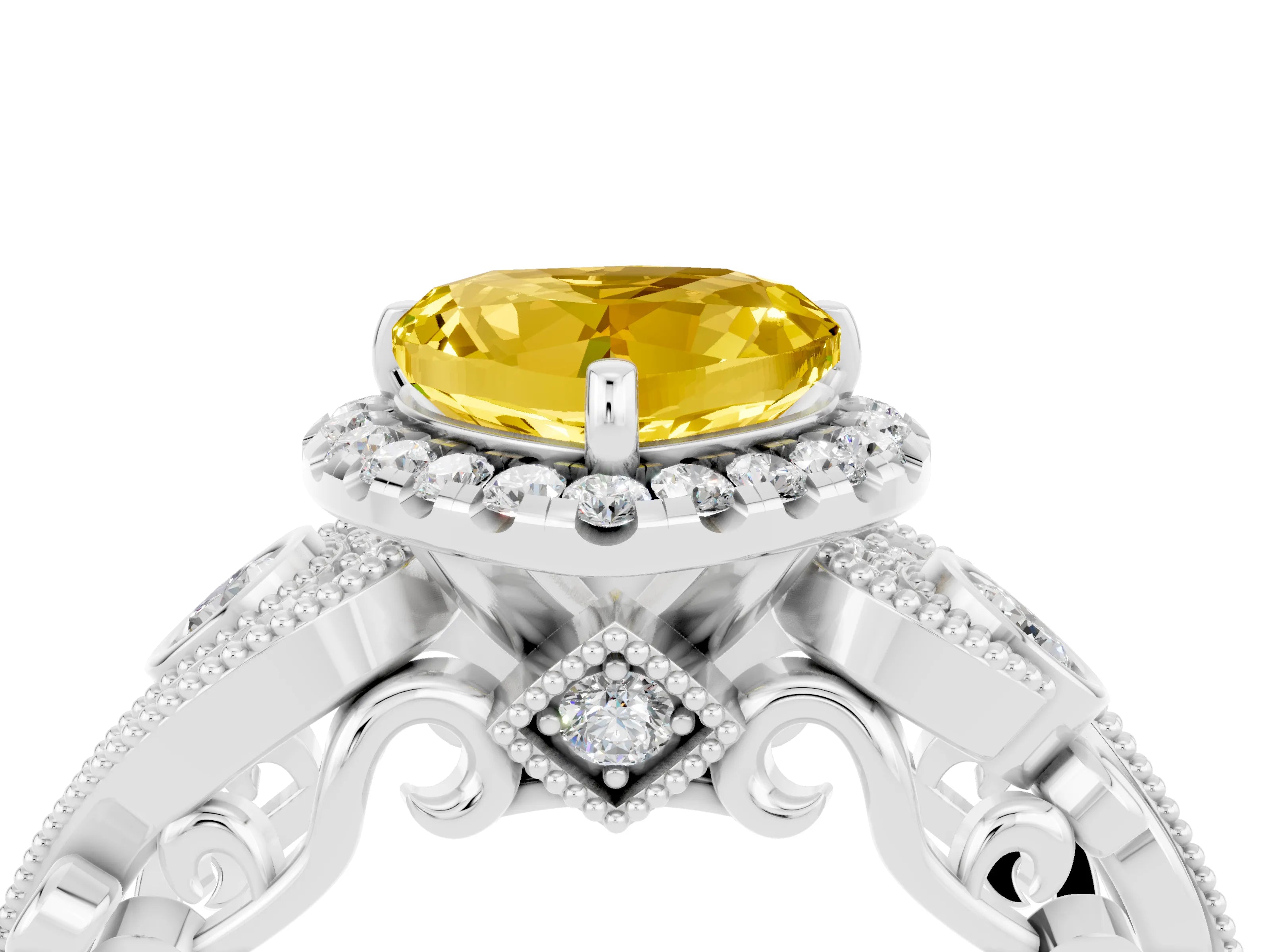 White gold Heart Cut Yellow Sapphire Halo Ring with Milgrain Pavé Band and Four-Prong Setting_16