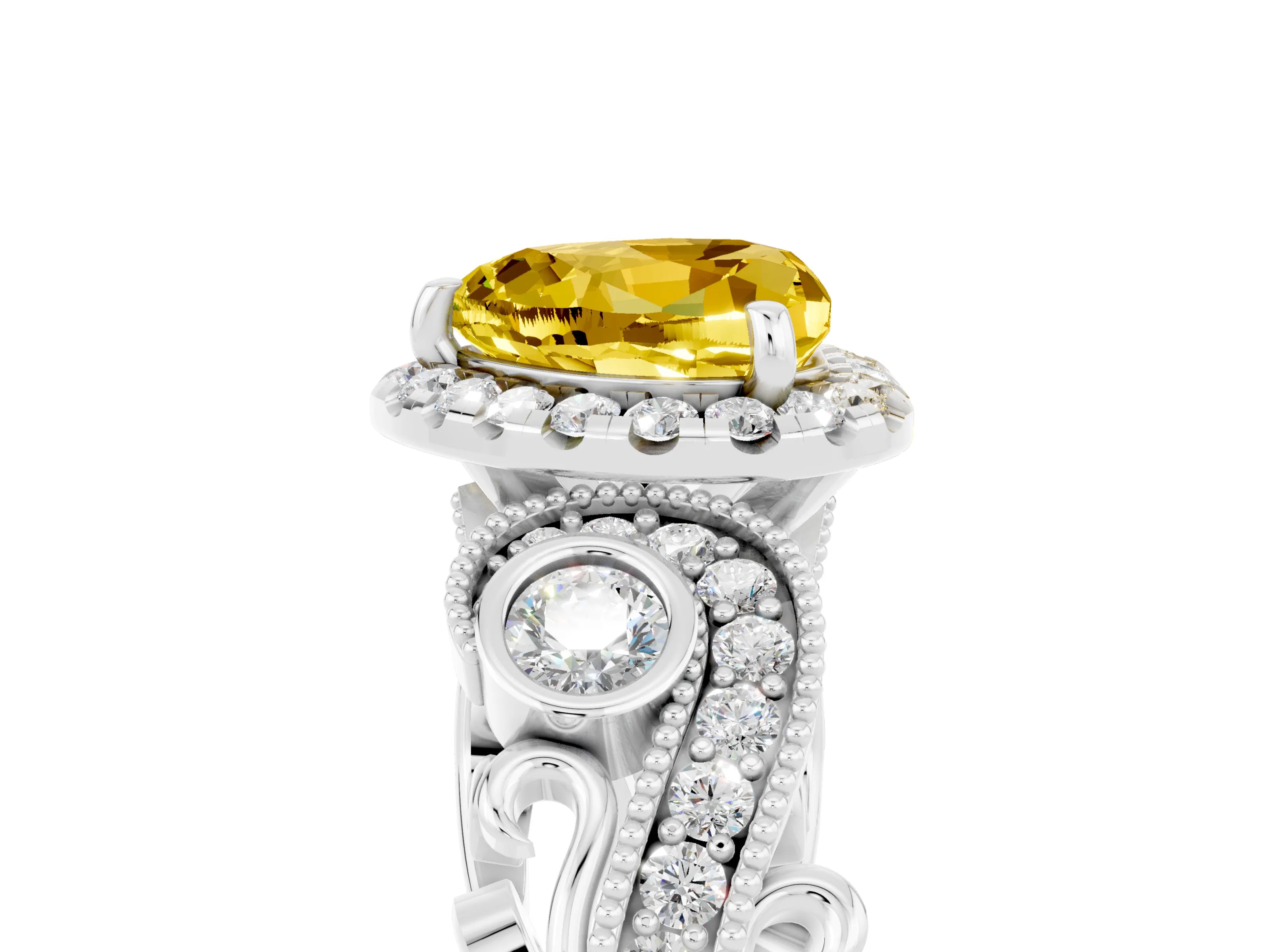 White gold Heart Cut Yellow Sapphire Halo Ring with Milgrain Pavé Band and Four-Prong Setting_17