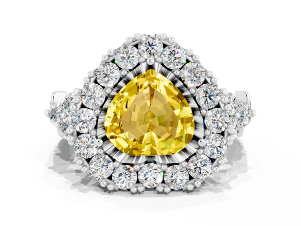 Silver Heart Cut Yellow Sapphire Halo Ring with Pavé Band and Four-Prong Setting