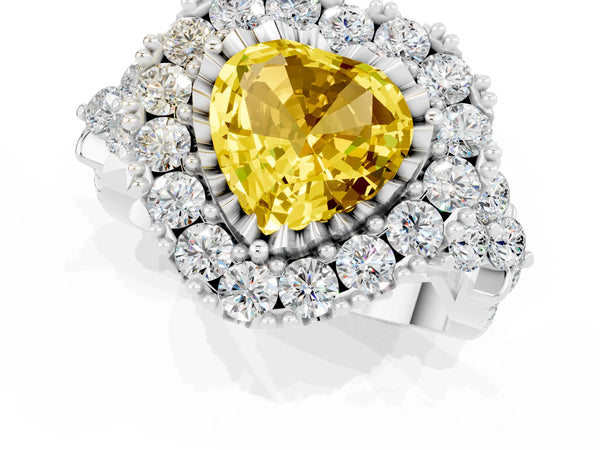 Silver Heart Cut Yellow Sapphire Halo Ring with Pavé Band and Four-Prong Setting