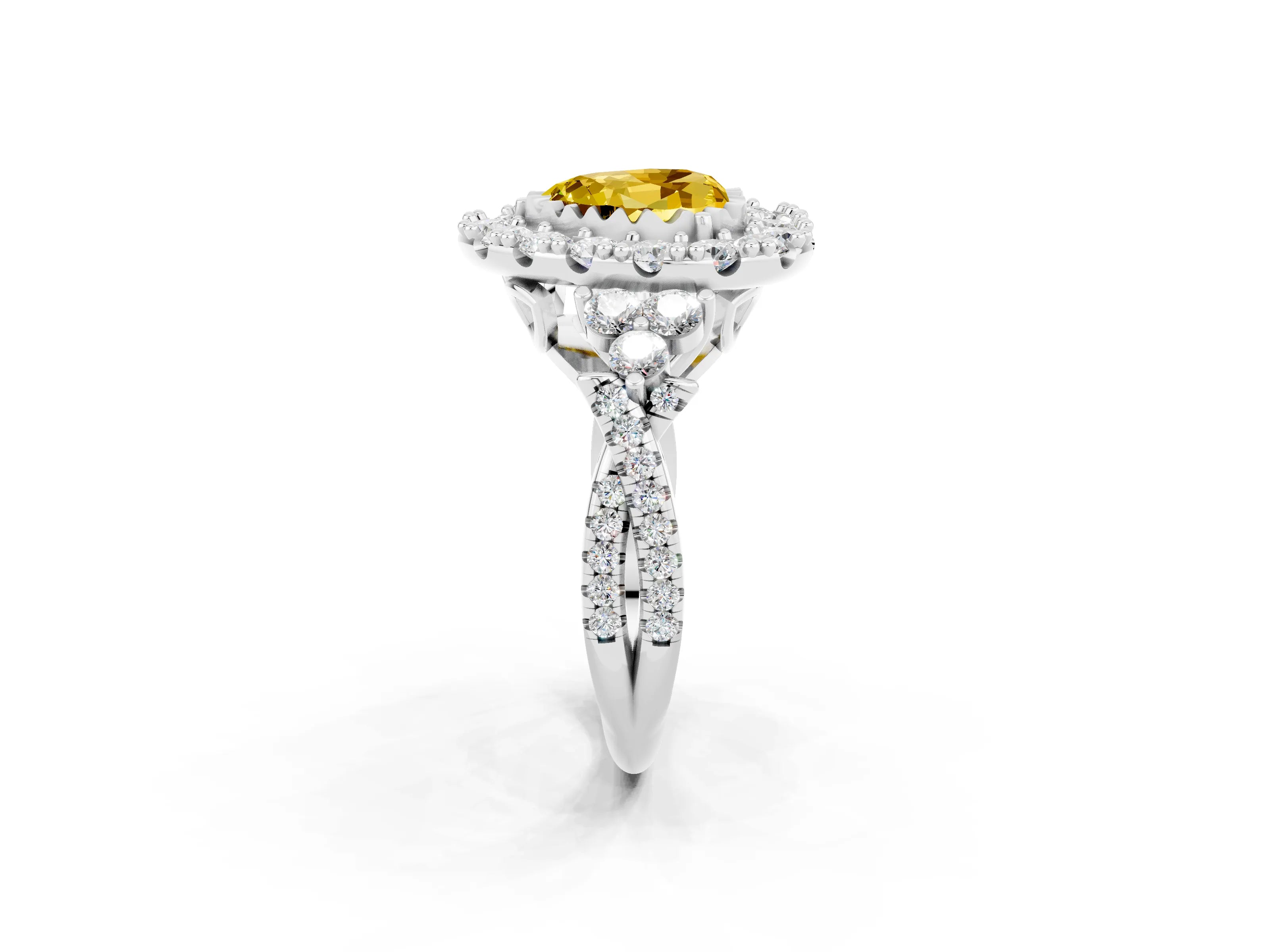 White gold Heart Cut Yellow Sapphire Halo Ring with Pavé Band and Four-Prong Setting_14