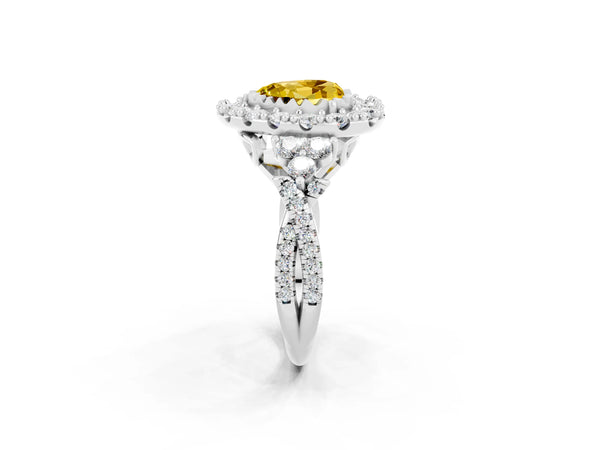 White gold Heart Cut Yellow Sapphire Halo Ring with Pavé Band and Four-Prong Setting