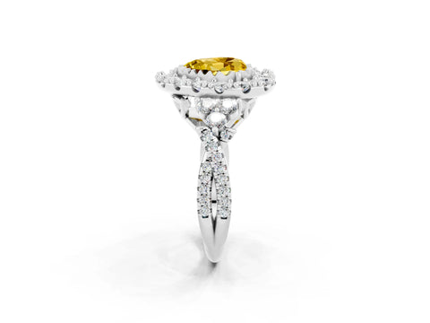 White gold Heart Cut Yellow Sapphire Halo Ring with Pavé Band and Four-Prong Setting_14