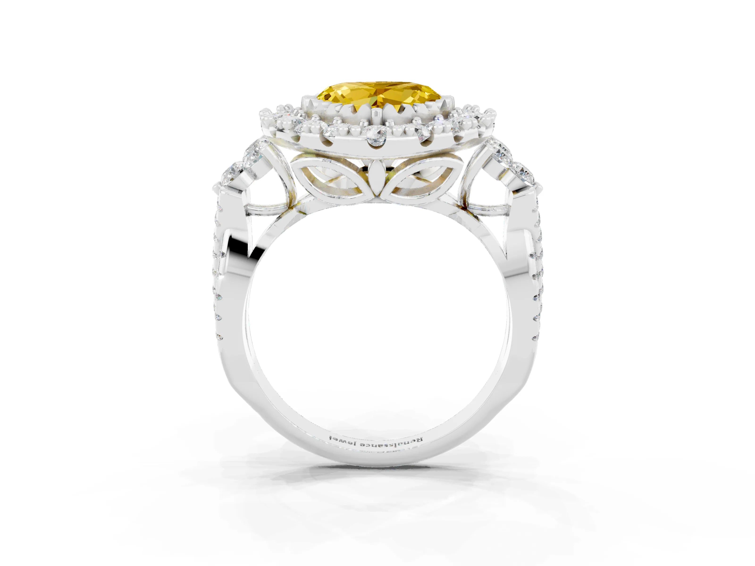 White gold Heart Cut Yellow Sapphire Halo Ring with Pavé Band and Four-Prong Setting_15