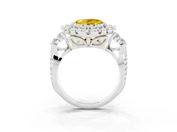 White gold Heart Cut Yellow Sapphire Halo Ring with Pavé Band and Four-Prong Setting