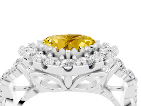 White gold Heart Cut Yellow Sapphire Halo Ring with Pavé Band and Four-Prong Setting_16