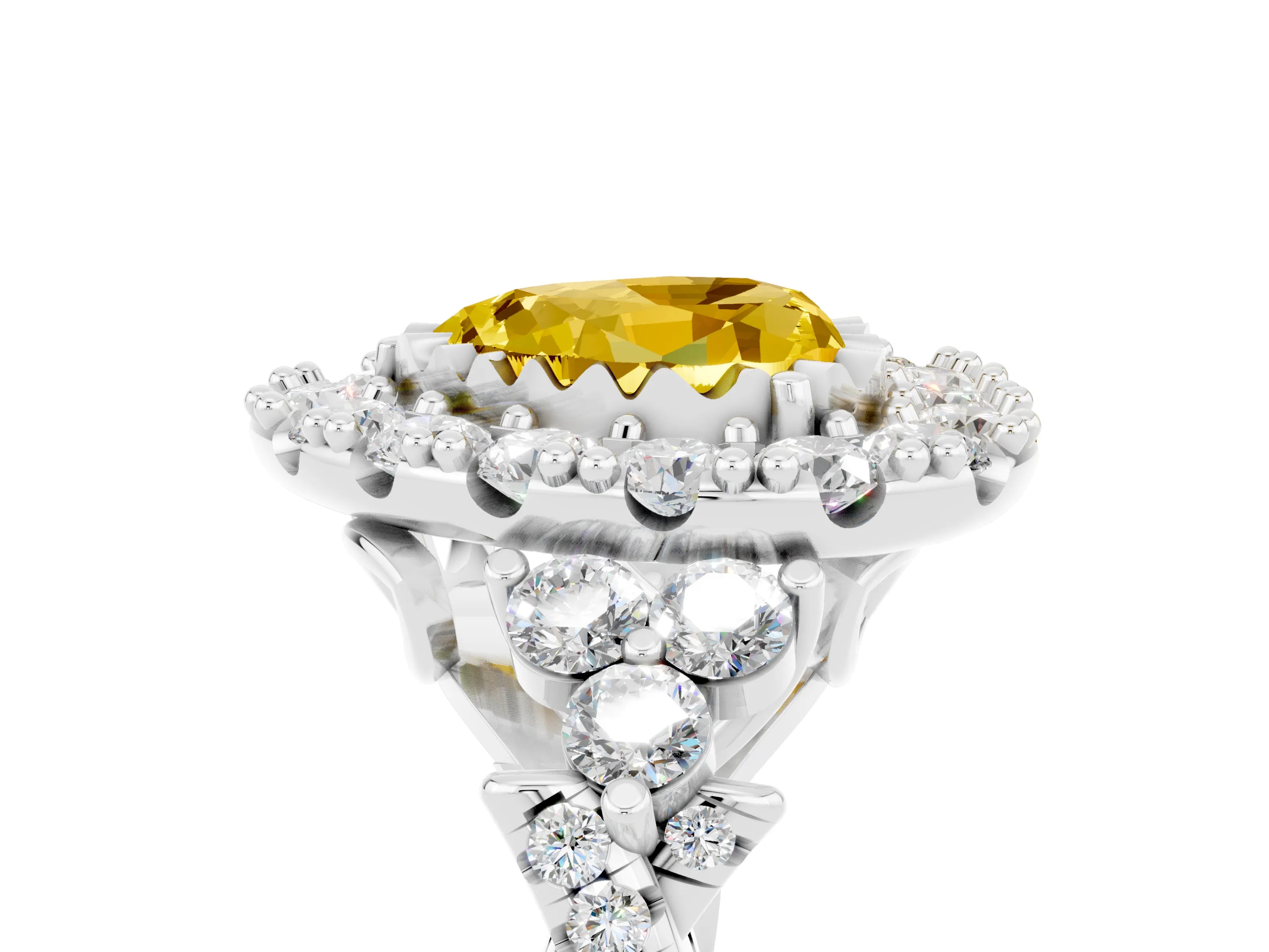 White gold Heart Cut Yellow Sapphire Halo Ring with Pavé Band and Four-Prong Setting_17