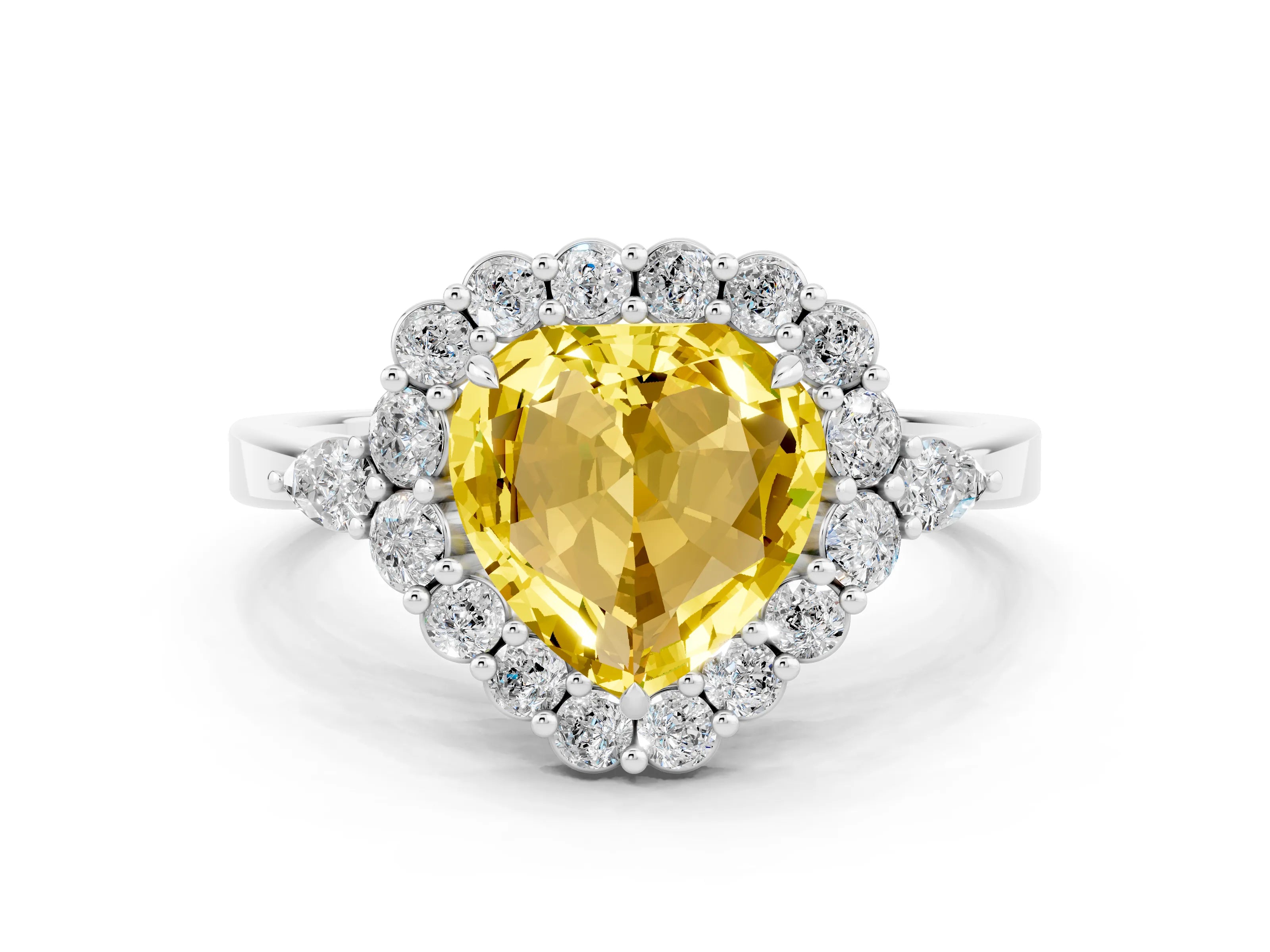 White gold Heart Cut Yellow Sapphire Halo Ring with Pear Side Stones and Prong Setting_12