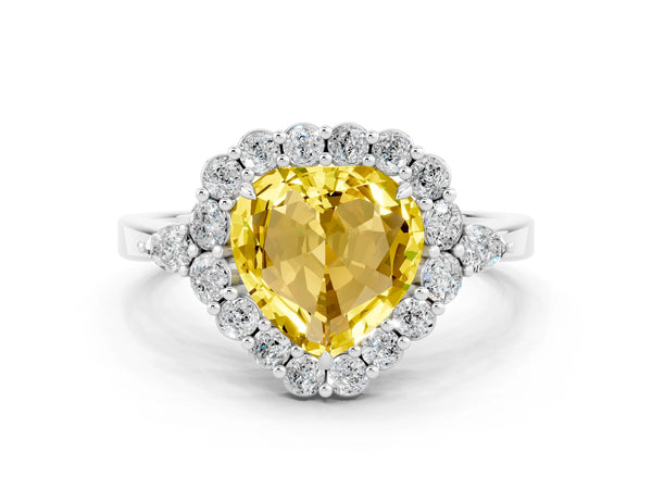 White gold Heart Cut Yellow Sapphire Halo Ring with Pear Side Stones and Prong Setting
