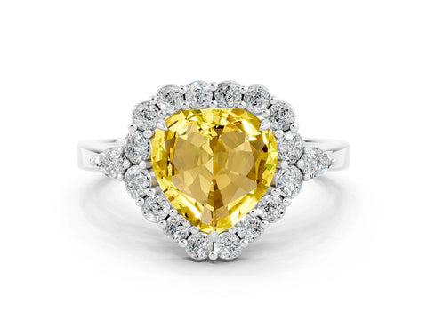 White gold Heart Cut Yellow Sapphire Halo Ring with Pear Side Stones and Prong Setting_12
