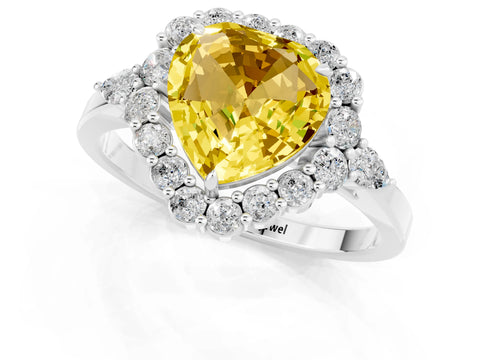 White gold Heart Cut Yellow Sapphire Halo Ring with Pear Side Stones and Prong Setting_13