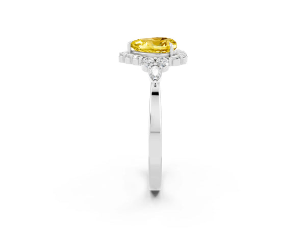 Silver Heart Cut Yellow Sapphire Halo Ring with Pear Side Stones and Prong Setting