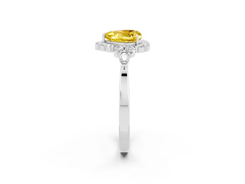 White gold Heart Cut Yellow Sapphire Halo Ring with Pear Side Stones and Prong Setting_14