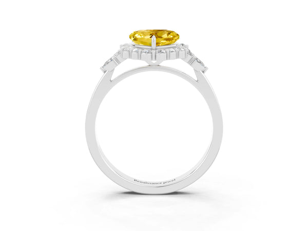 Silver Heart Cut Yellow Sapphire Halo Ring with Pear Side Stones and Prong Setting