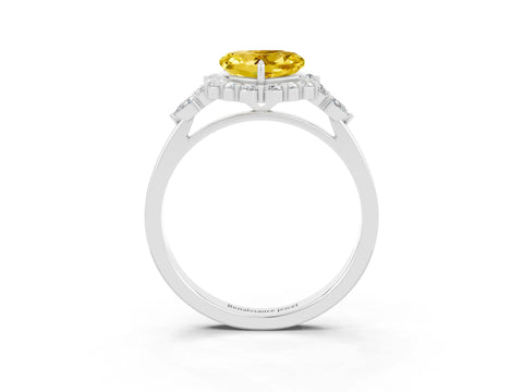 White gold Heart Cut Yellow Sapphire Halo Ring with Pear Side Stones and Prong Setting_15