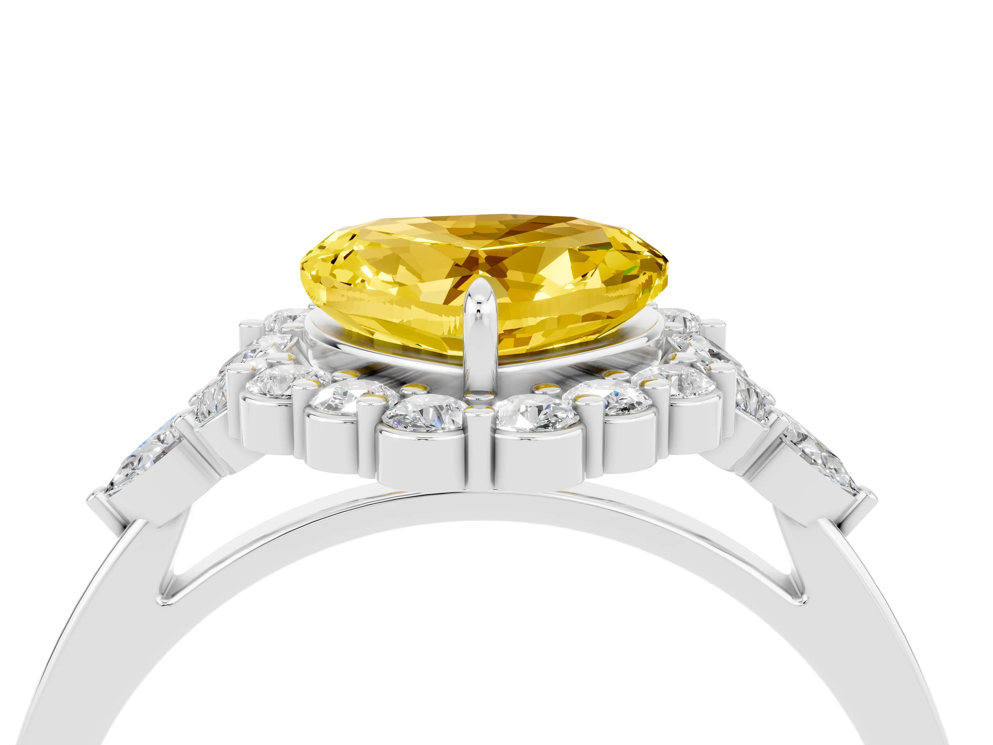 White gold Heart Cut Yellow Sapphire Halo Ring with Pear Side Stones and Prong Setting_16