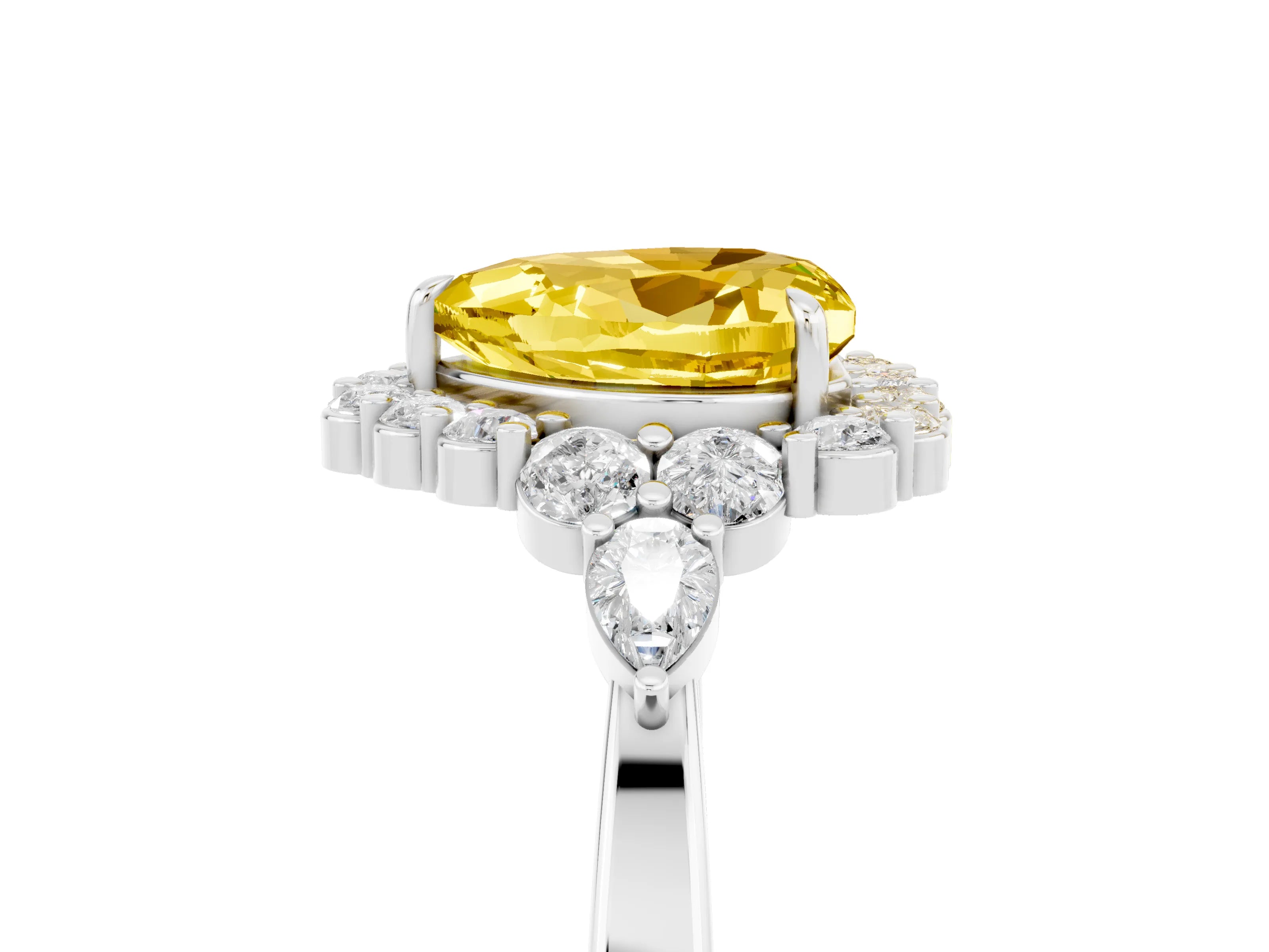 White gold Heart Cut Yellow Sapphire Halo Ring with Pear Side Stones and Prong Setting_17