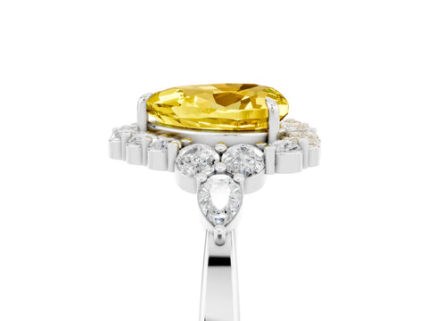 White gold Heart Cut Yellow Sapphire Halo Ring with Pear Side Stones and Prong Setting_17