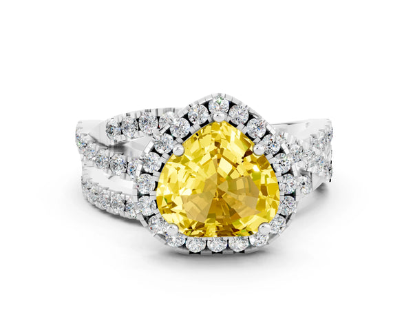 Silver Heart Cut Yellow Sapphire Halo Ring with Round Split Shank and Prong Setting