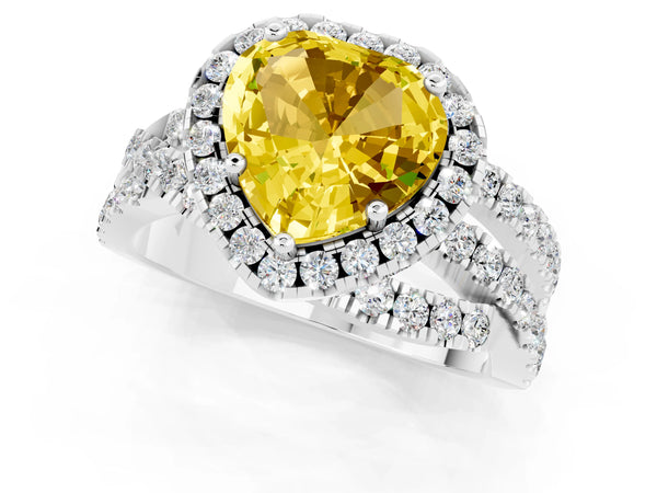 Platinum Heart Cut Yellow Sapphire Halo Ring with Round Split Shank and Prong Setting