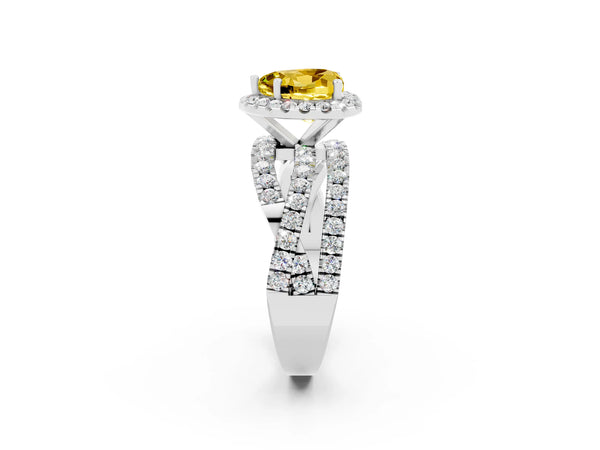 Platinum Heart Cut Yellow Sapphire Halo Ring with Round Split Shank and Prong Setting