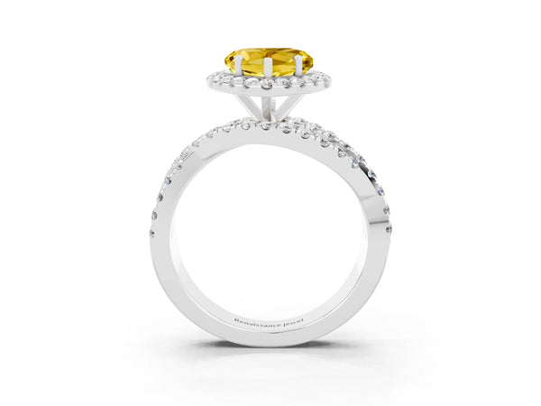 Platinum Heart Cut Yellow Sapphire Halo Ring with Round Split Shank and Prong Setting