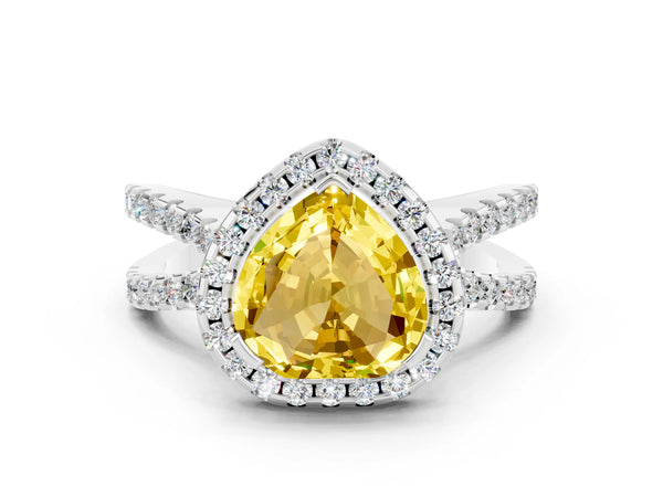 White gold Heart Cut Yellow Sapphire Halo Ring with Split Shank Pavé Band and Prong Setting