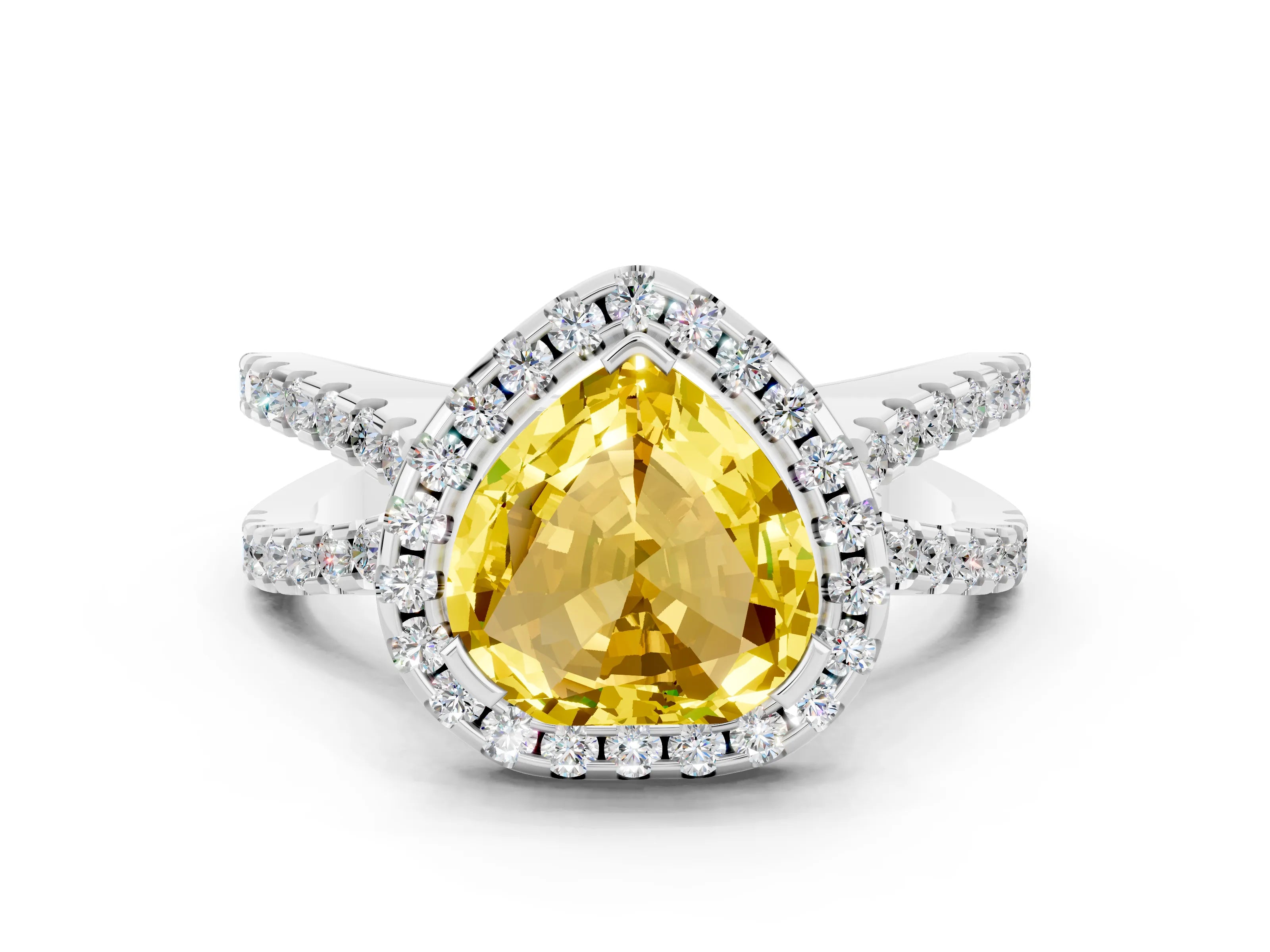 White gold Heart Cut Yellow Sapphire Halo Ring with Split Shank Pavé Band and Prong Setting_12