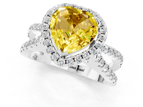 White gold Heart Cut Yellow Sapphire Halo Ring with Split Shank Pavé Band and Prong Setting_13