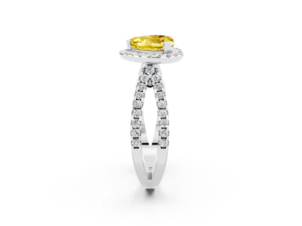 Platinum Heart Cut Yellow Sapphire Halo Ring with Split Shank Pavé Band and Prong Setting