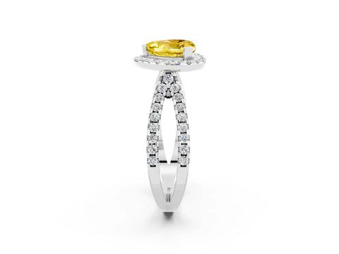 White gold Heart Cut Yellow Sapphire Halo Ring with Split Shank Pavé Band and Prong Setting_14