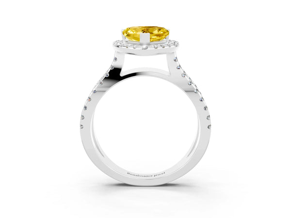 Silver Heart Cut Yellow Sapphire Halo Ring with Split Shank Pavé Band and Prong Setting
