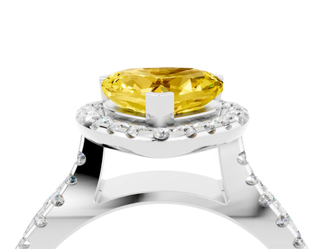 White gold Heart Cut Yellow Sapphire Halo Ring with Split Shank Pavé Band and Prong Setting_16