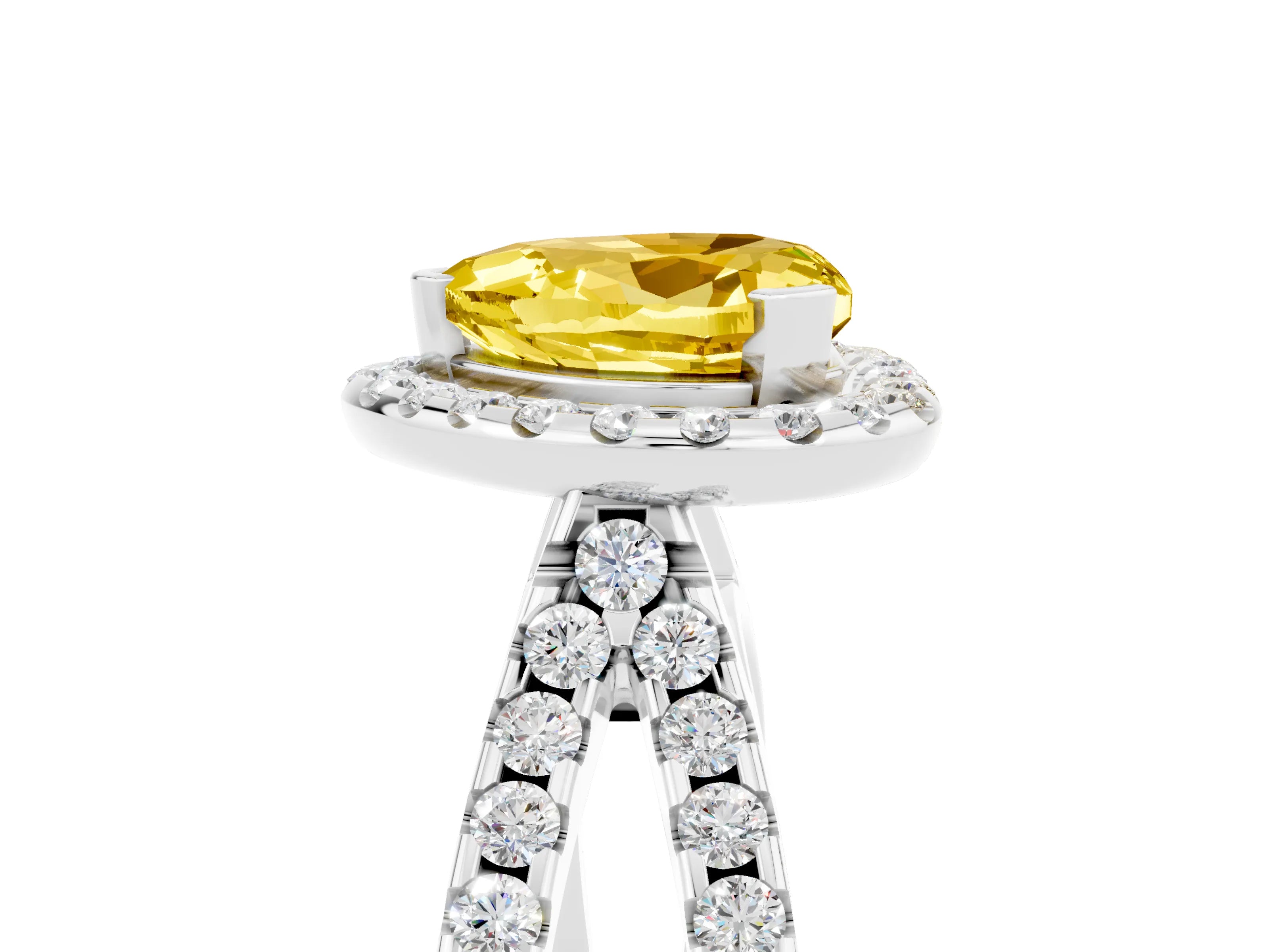 White gold Heart Cut Yellow Sapphire Halo Ring with Split Shank Pavé Band and Prong Setting_17