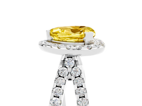 White gold Heart Cut Yellow Sapphire Halo Ring with Split Shank Pavé Band and Prong Setting_17