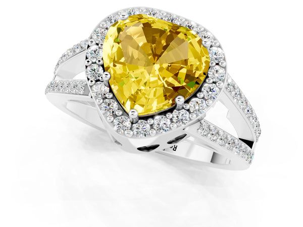 Silver Heart Cut Yellow Sapphire Halo Ring with Split Shank U-Prong Band and Four-Prong Setting