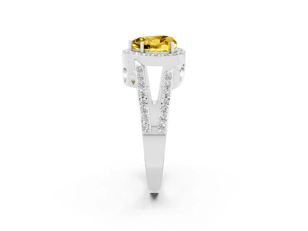 White gold Heart Cut Yellow Sapphire Halo Ring with Split Shank U-Prong Band and Four-Prong Setting