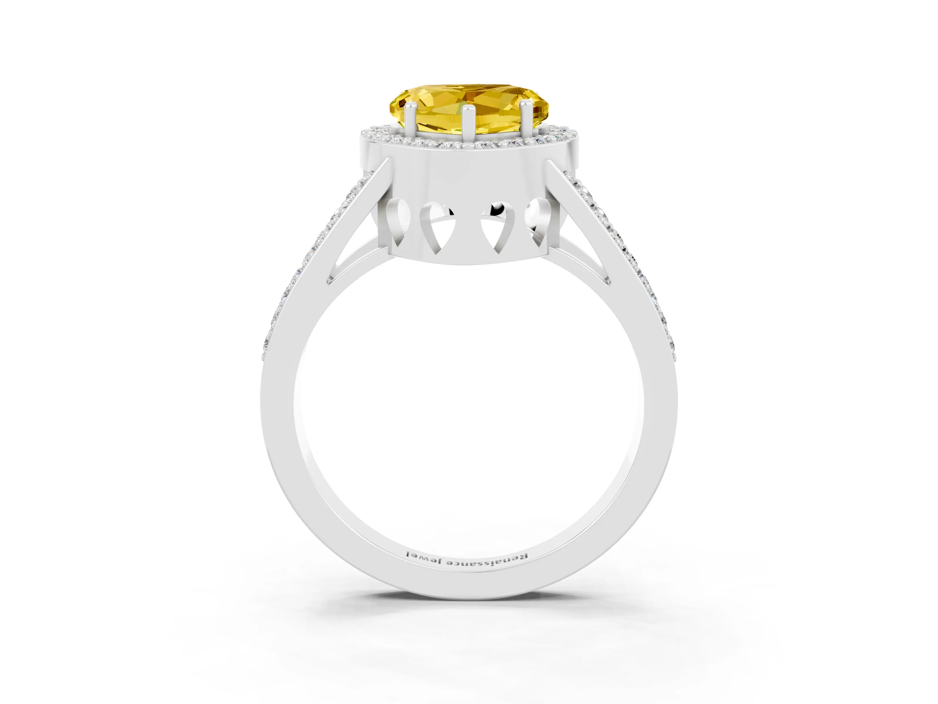 White gold Heart Cut Yellow Sapphire Halo Ring with Split Shank U-Prong Band and Four-Prong Setting_3