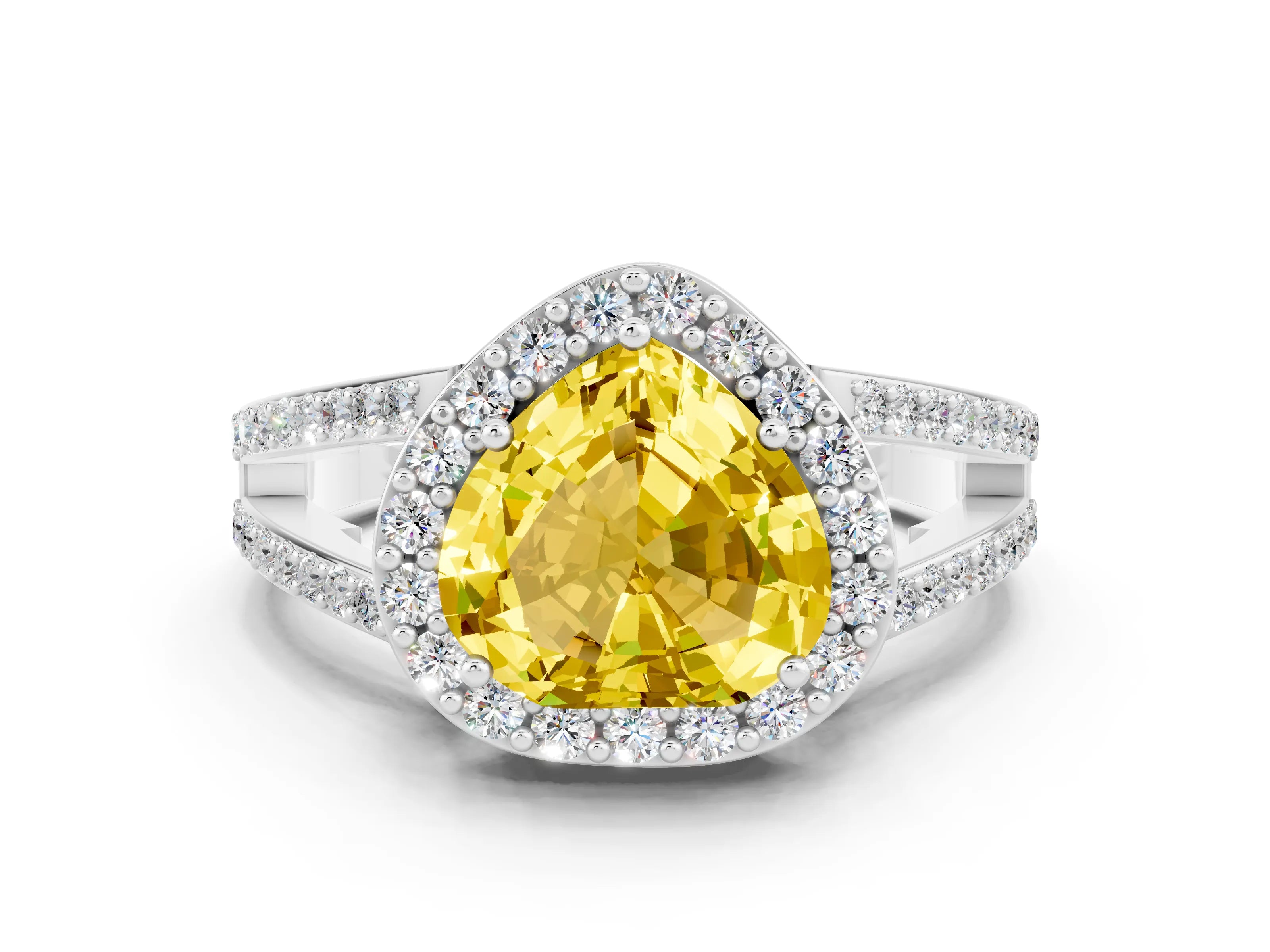 White gold Heart Cut Yellow Sapphire Halo Ring with Split Shank U-Prong Band and Four-Prong Setting