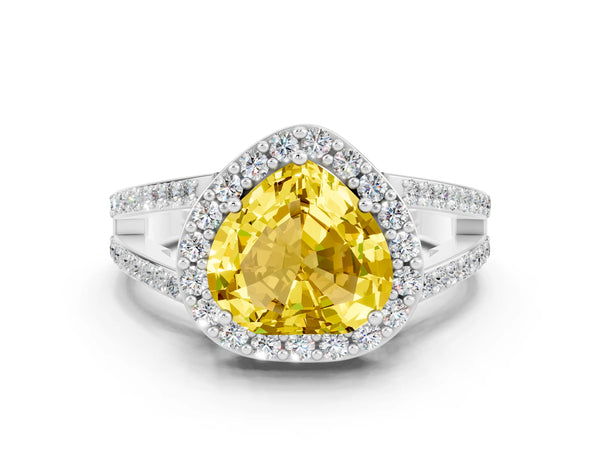 White gold Heart Cut Yellow Sapphire Halo Ring with Split Shank U-Prong Band and Four-Prong Setting