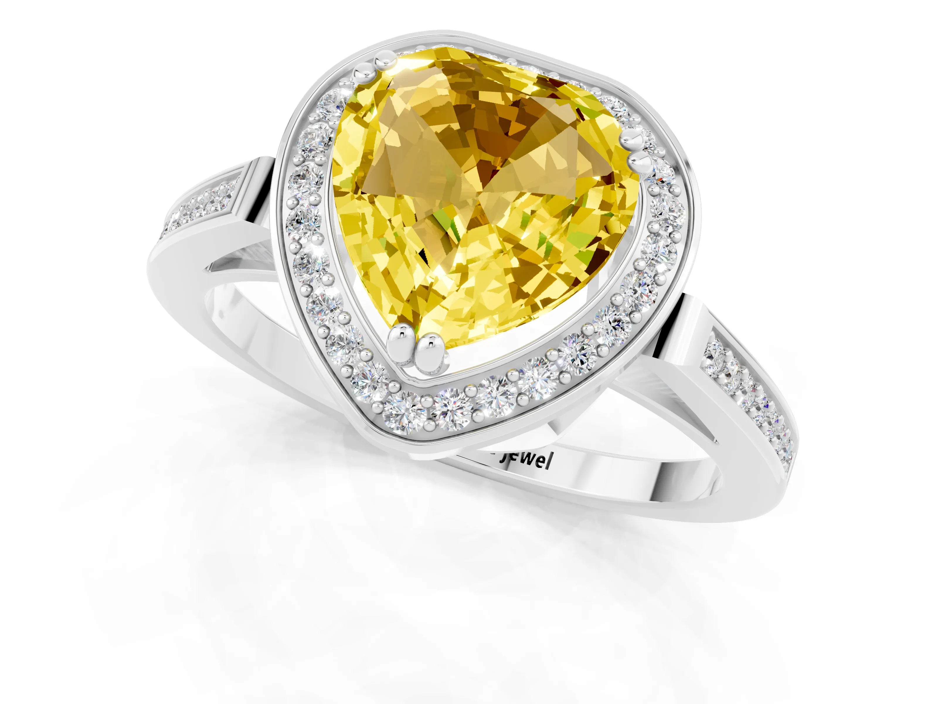 White gold Heart Cut Yellow Sapphire Halo Ring with Split Shank and Four-Prong Setting_1
