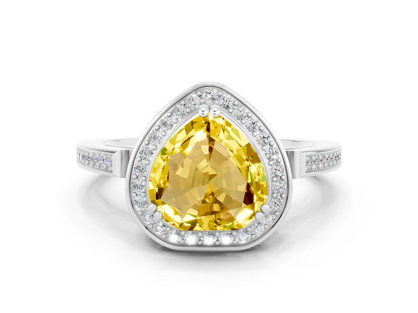 White gold Heart Cut Yellow Sapphire Halo Ring with Split Shank and Four-Prong Setting