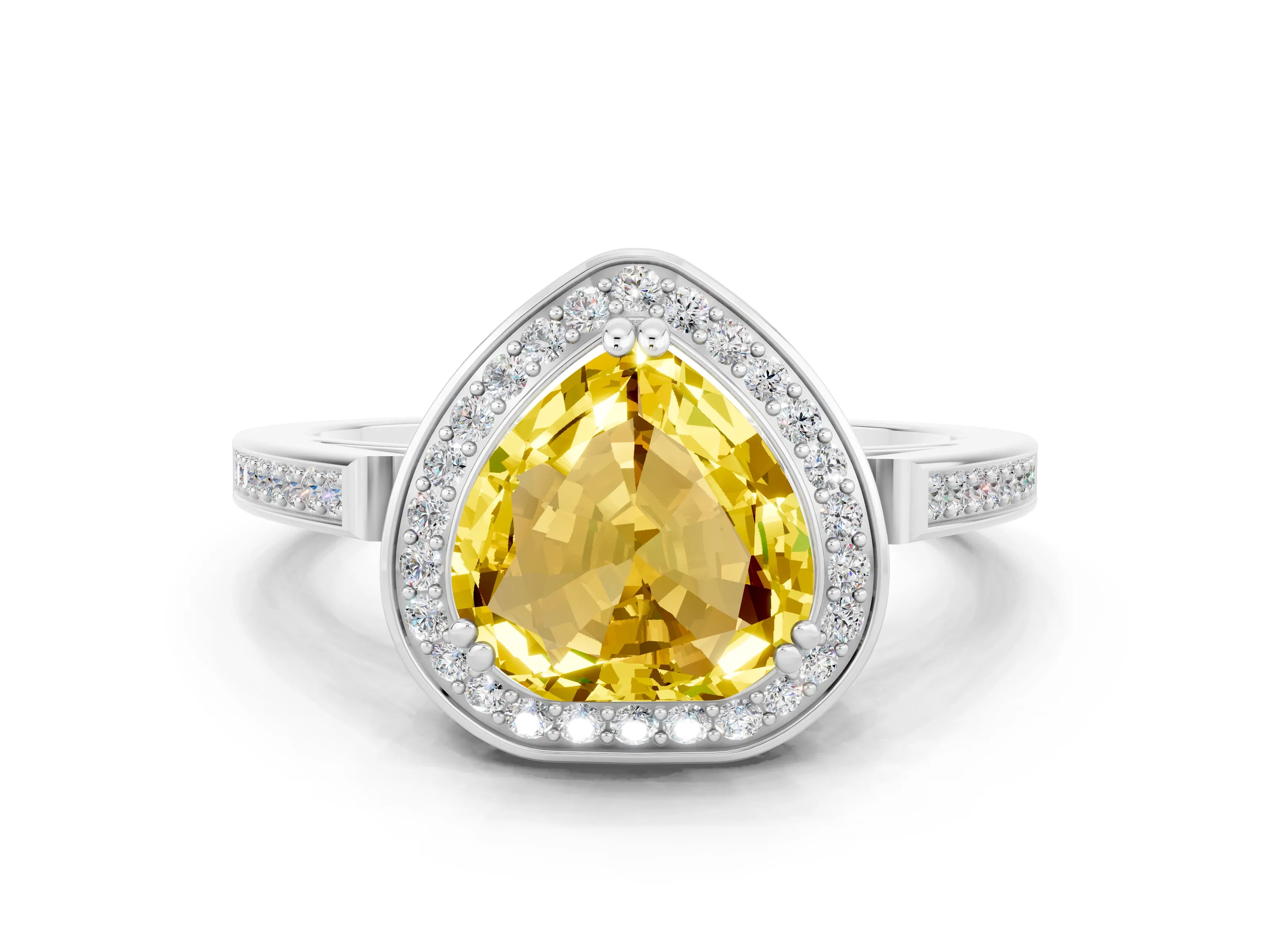 White gold Heart Cut Yellow Sapphire Halo Ring with Split Shank and Four-Prong Setting