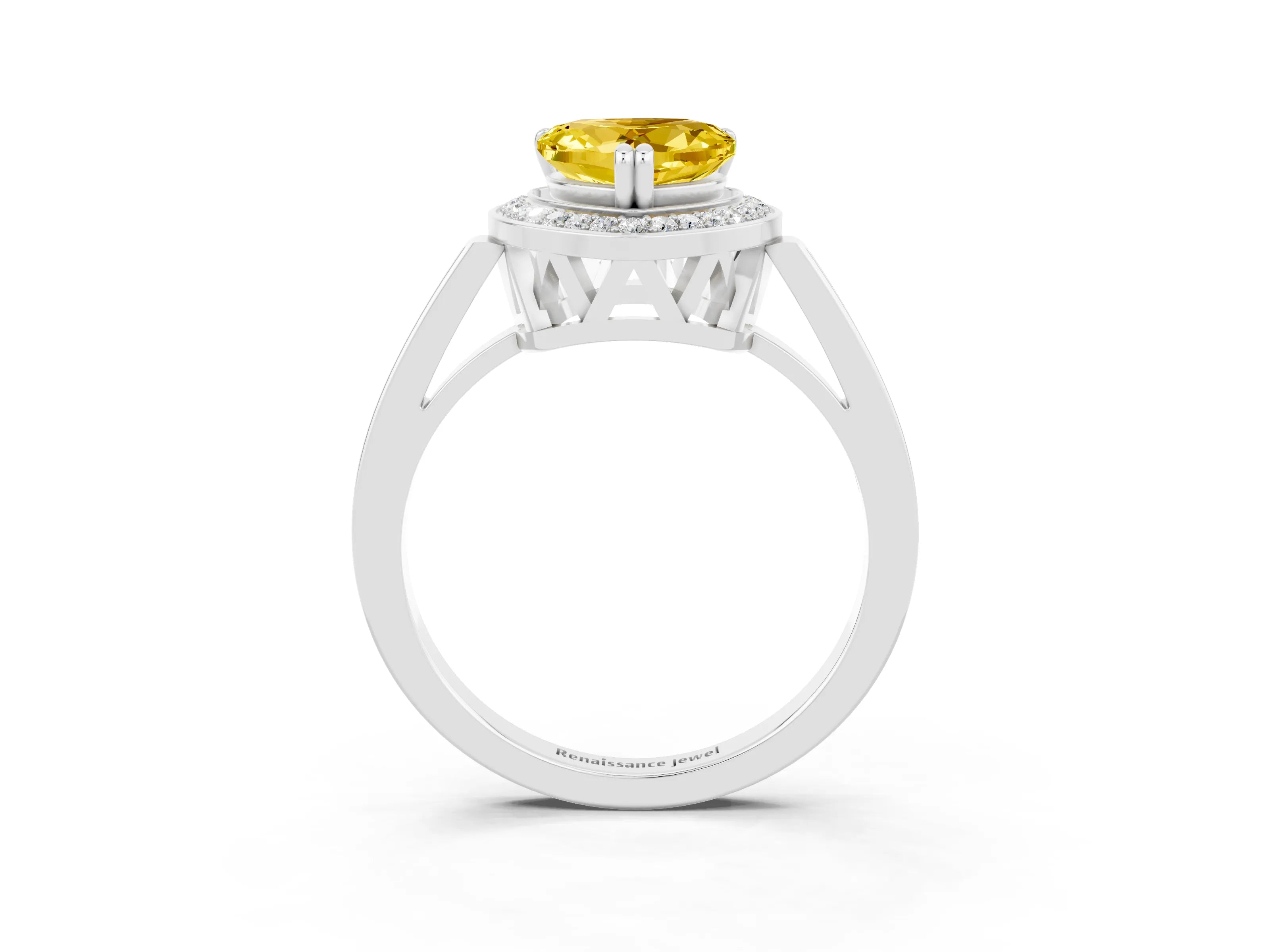 White gold Heart Cut Yellow Sapphire Halo Ring with Split Shank and Four-Prong Setting_3