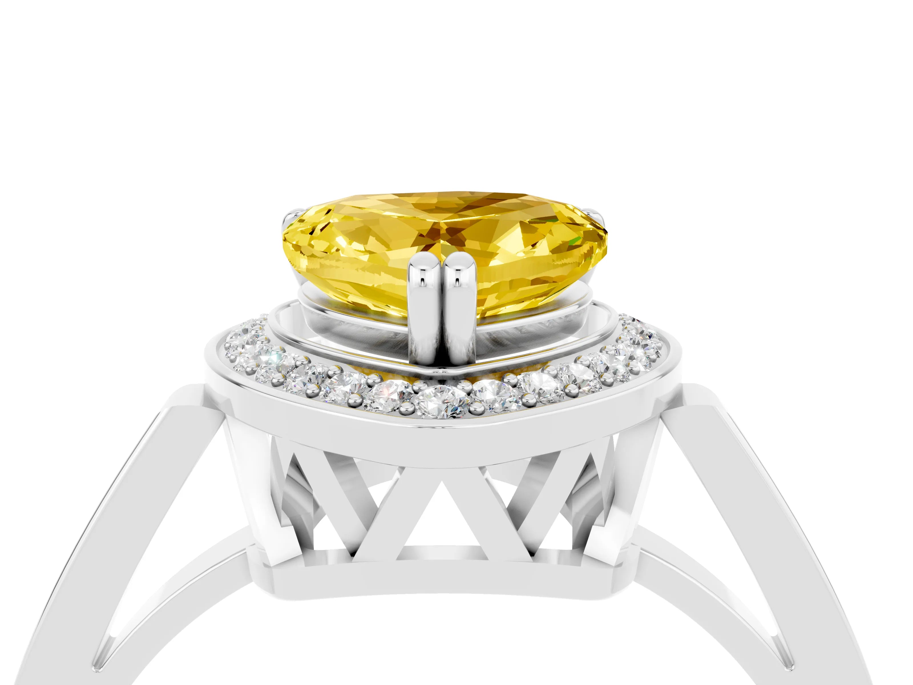 White gold Heart Cut Yellow Sapphire Halo Ring with Split Shank and Four-Prong Setting_4