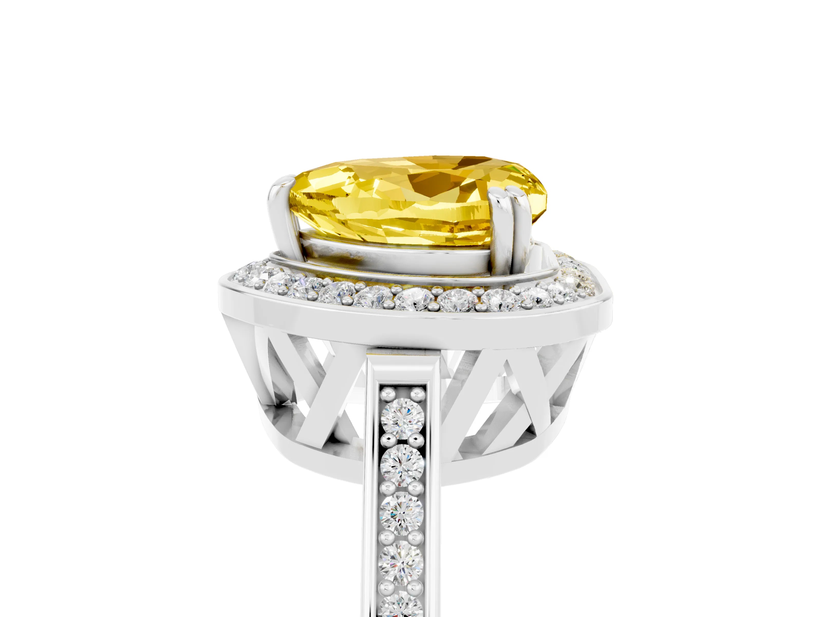 White gold Heart Cut Yellow Sapphire Halo Ring with Split Shank and Four-Prong Setting_5
