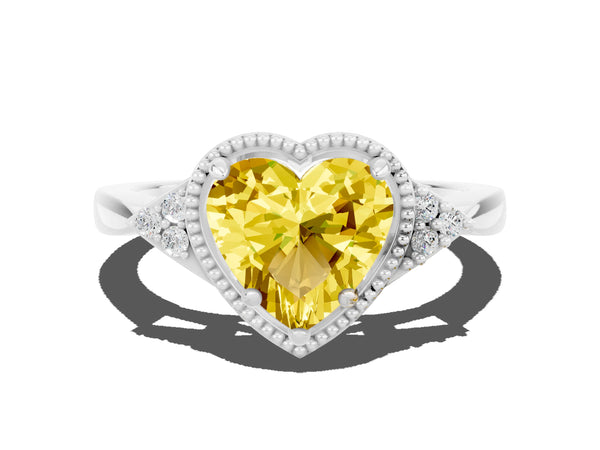 Silver Heart Cut Yellow Sapphire Halo Ring with Tapered Band and Four-Prong Setting